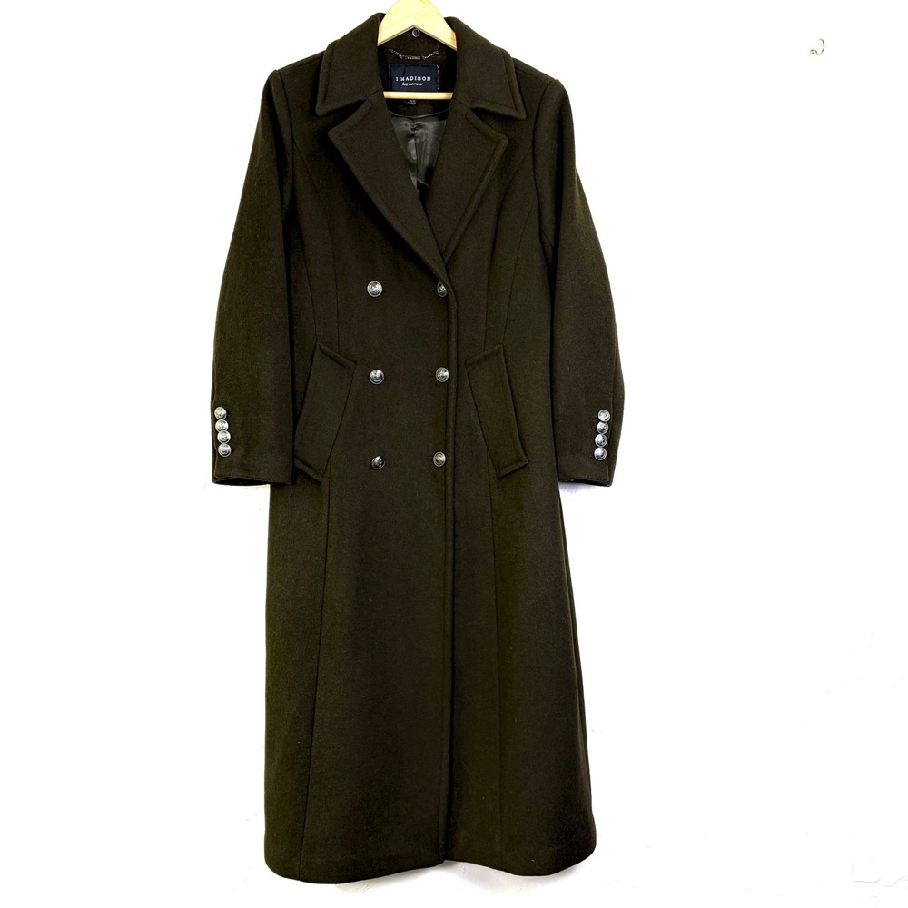 1 Madison Wool Double Breasted Long Coat Womens M Olive Brown Military Peacoat
